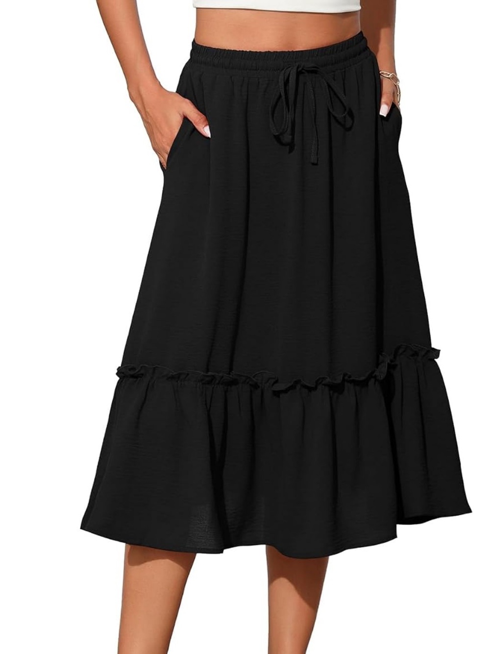 High Waist Tiered Skirt w Pockets Bottom Ruffle Elastic Drawstring Waist Medium